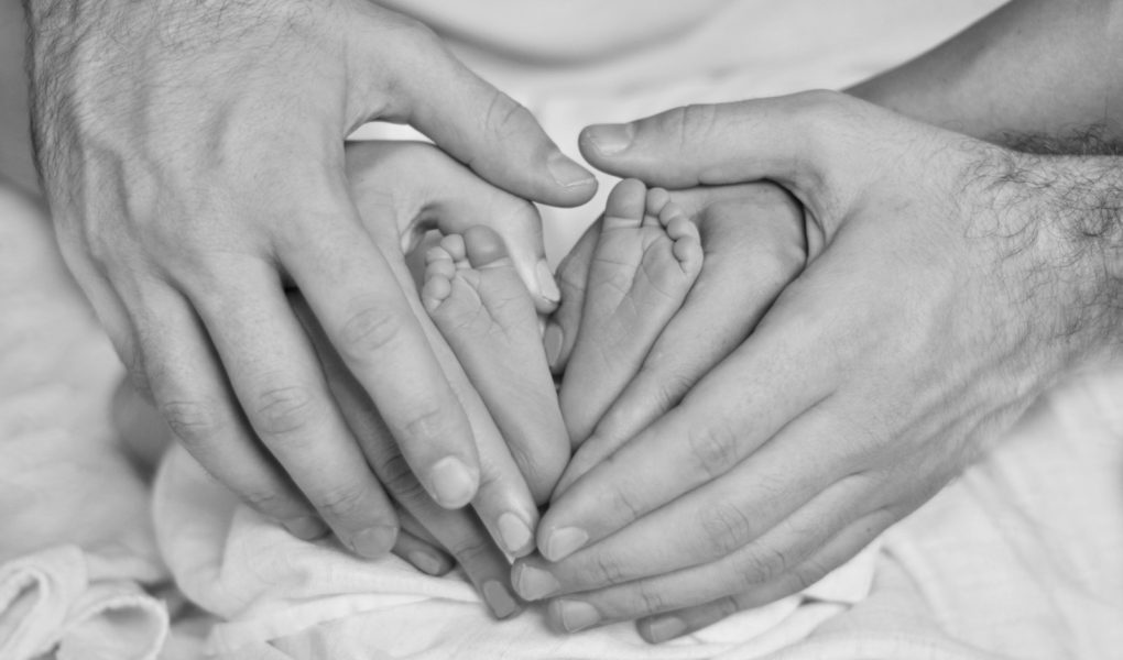 parents hands and baby feet